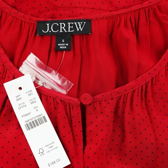 New JCREW Sz S Elena Puff-Sleeve Dress in Dotted Crepe de Chine Ruby $188 CF774 - Picture 5 of 5